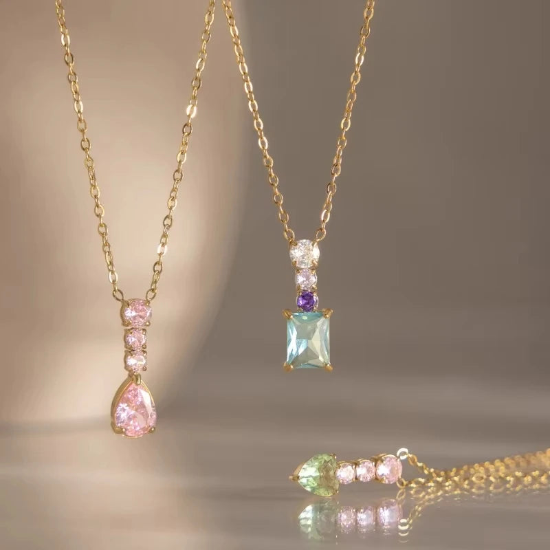 Fashion Exquisite Colorful Heart Zircon Geometric Pendant Necklace For Women 18K Gold Plated Stainless Steel Necklace Jewelry