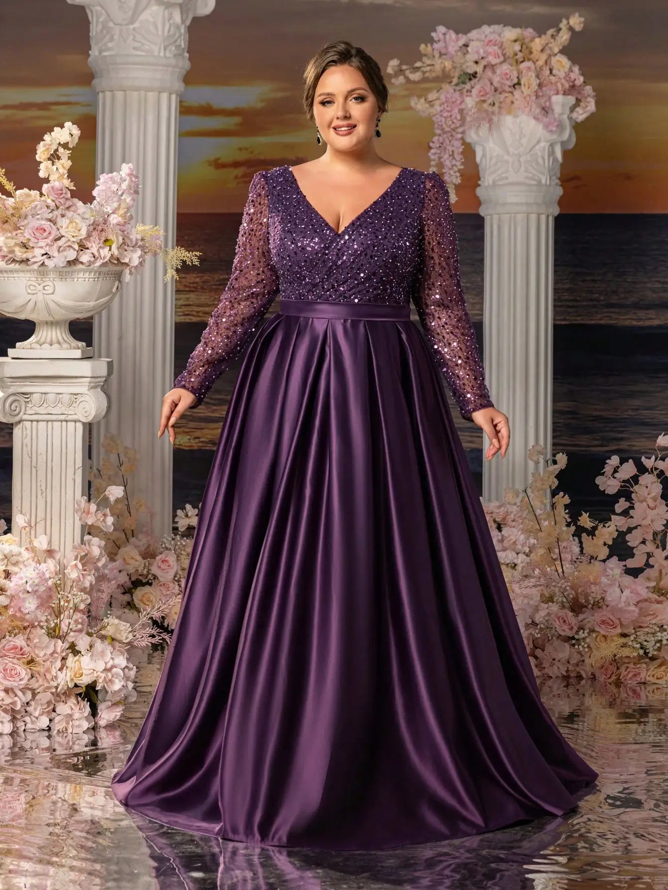 Plus-size sequined satin mother's evening dresses with overlapping neckline, elegant and formal long dress, 2026.