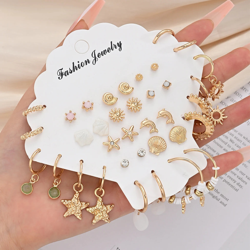 36 Pcs Starfish Shell Fish Earrings Set for Women Fashion Metal Geometric Huggie Hoop Stud Earrings Boho Summer Beach Jewelry