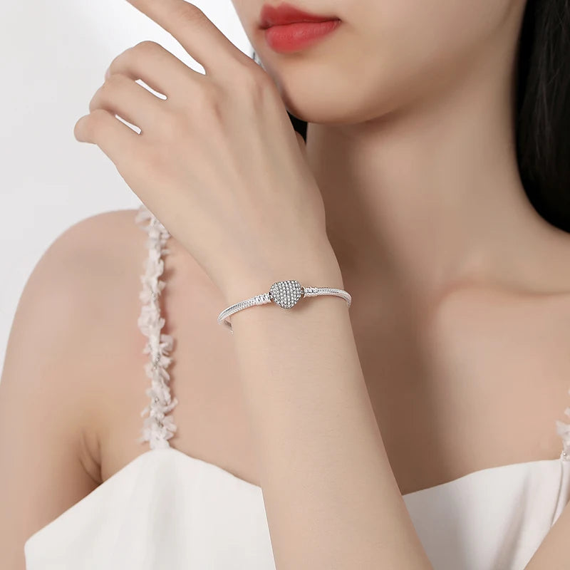 Original 925 Sterling Silver Bracelets Bangles Love Heart Clip Charms Beads Snake Chains For Women Rose Gold DIY Luxury Jewelry