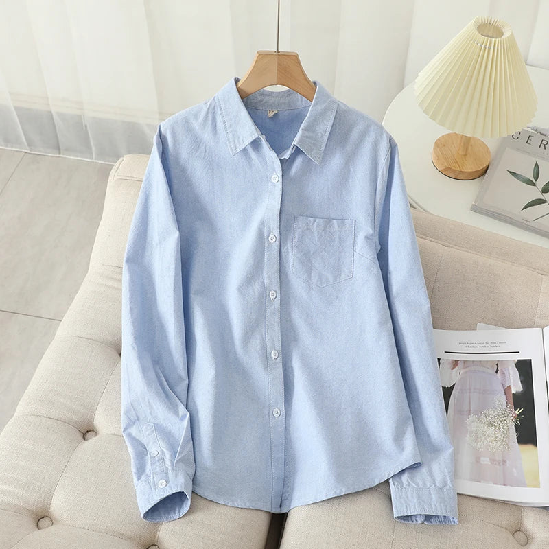 Casual Cotton Women's Oxford Shirt 2026 Autumn New Good Quality Woman Blouse and Tops Lady White Blue Striped Shirts Clothes