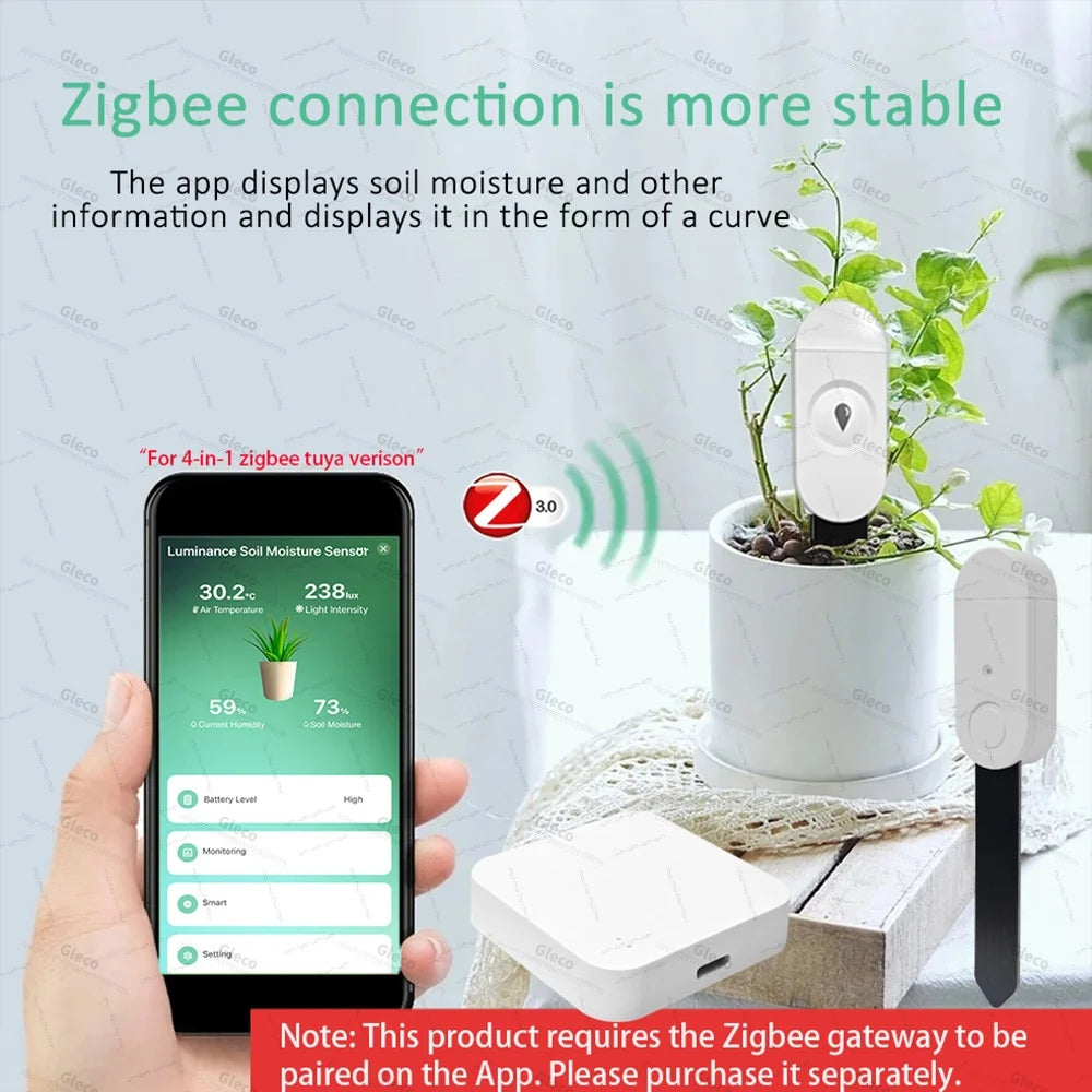 3-in-1/4-in-1 Zigbee Soil Moisture Sensor Humidity Meter Temperature Tester Light Detector Work With Tuya Smart Life 2MQTT HA