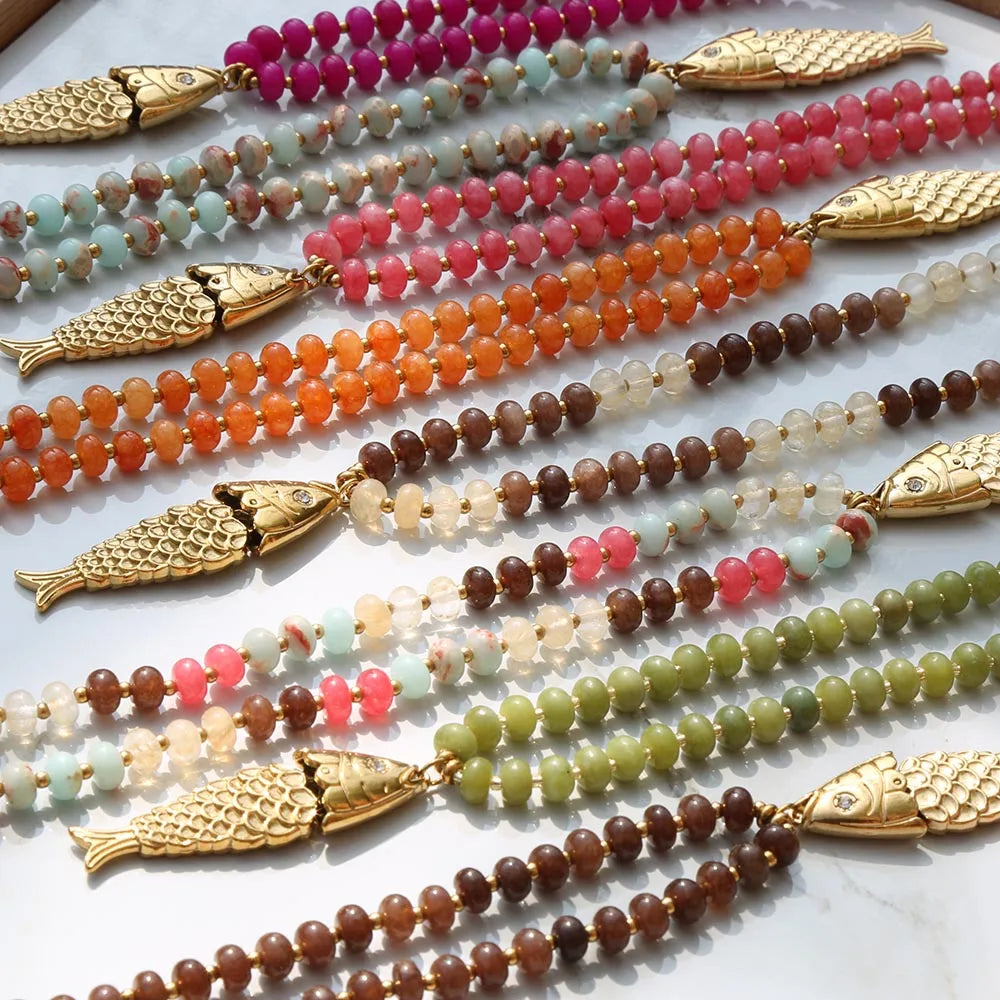 2026 Bohemian Style Spring/Summer Colorful Natural Stone Necklace with Stainless Steel Fish Pendant, Multiple Colors Available