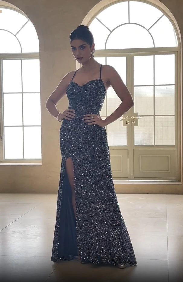 BABYONLINE Purple Sequined Mermaid Evening Dresses | Deep V-Neck & High Slit for Galas,Weddings & Red Carpet