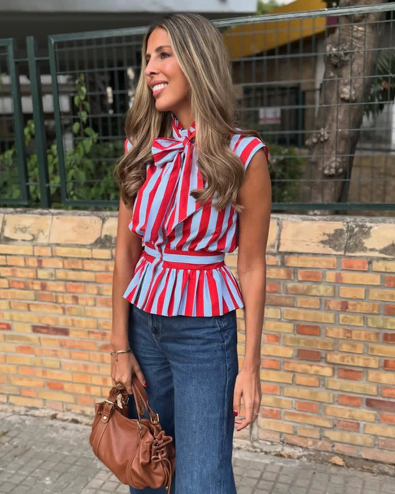 Women's Shirt 2026 New Spring Summer Bowknot Sleeveless Striped Shirt for Women Casual Chic Personality Female Shirt