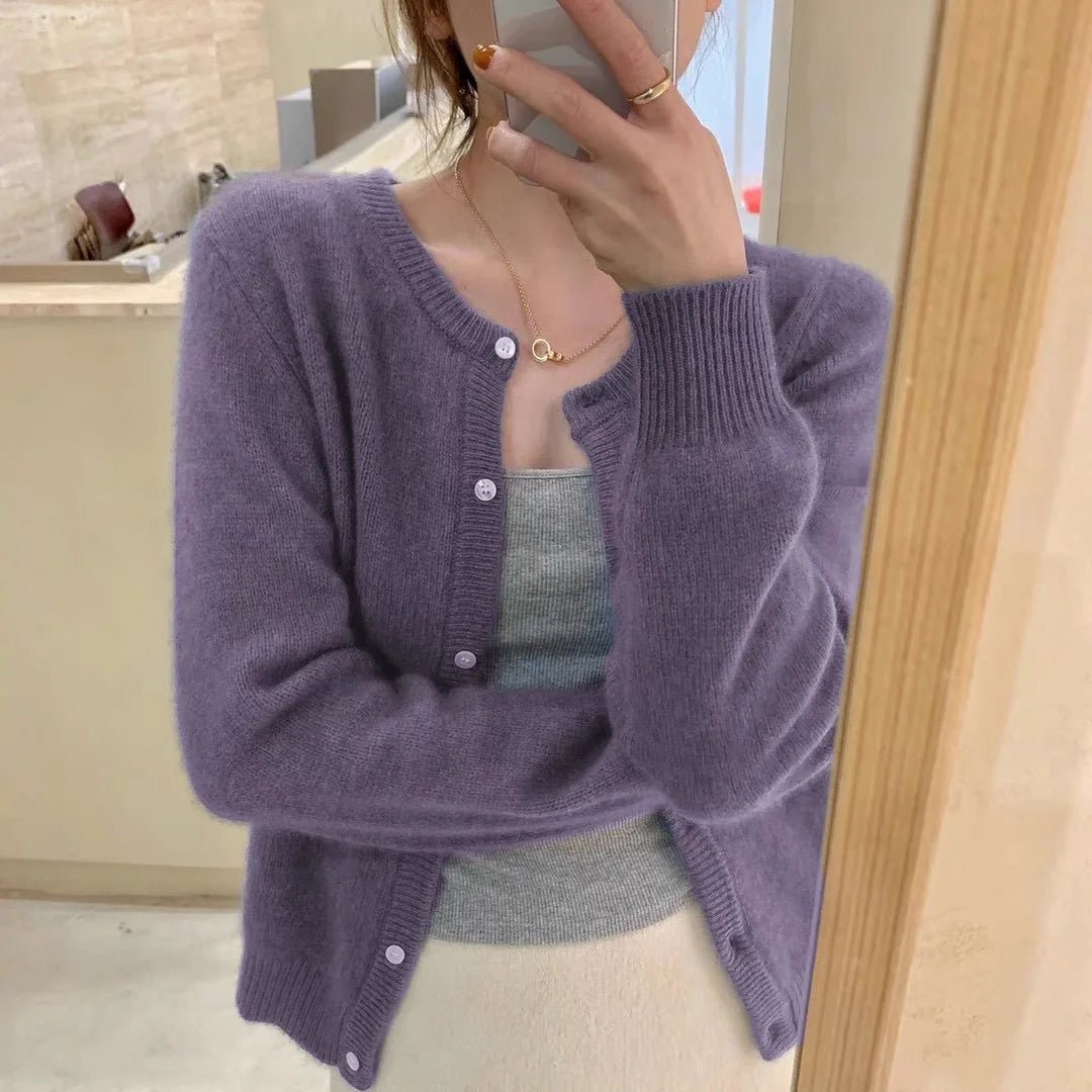2026 Long Sleeve Vintage Y2k Tops Korean Knitted Cardigan Women's Autumn Winter Fashion O-Neck Versatile Slimming Basis Sweater