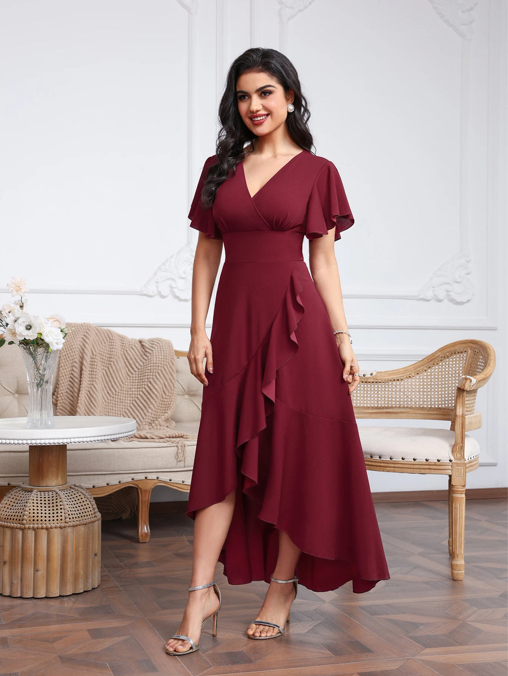 Women's Formal Evening Dresses Tulle Short Sleeve Cross V-Neck Ruffles Prom Dresses Asymmetric High-Low A-Line Split Party Gowns