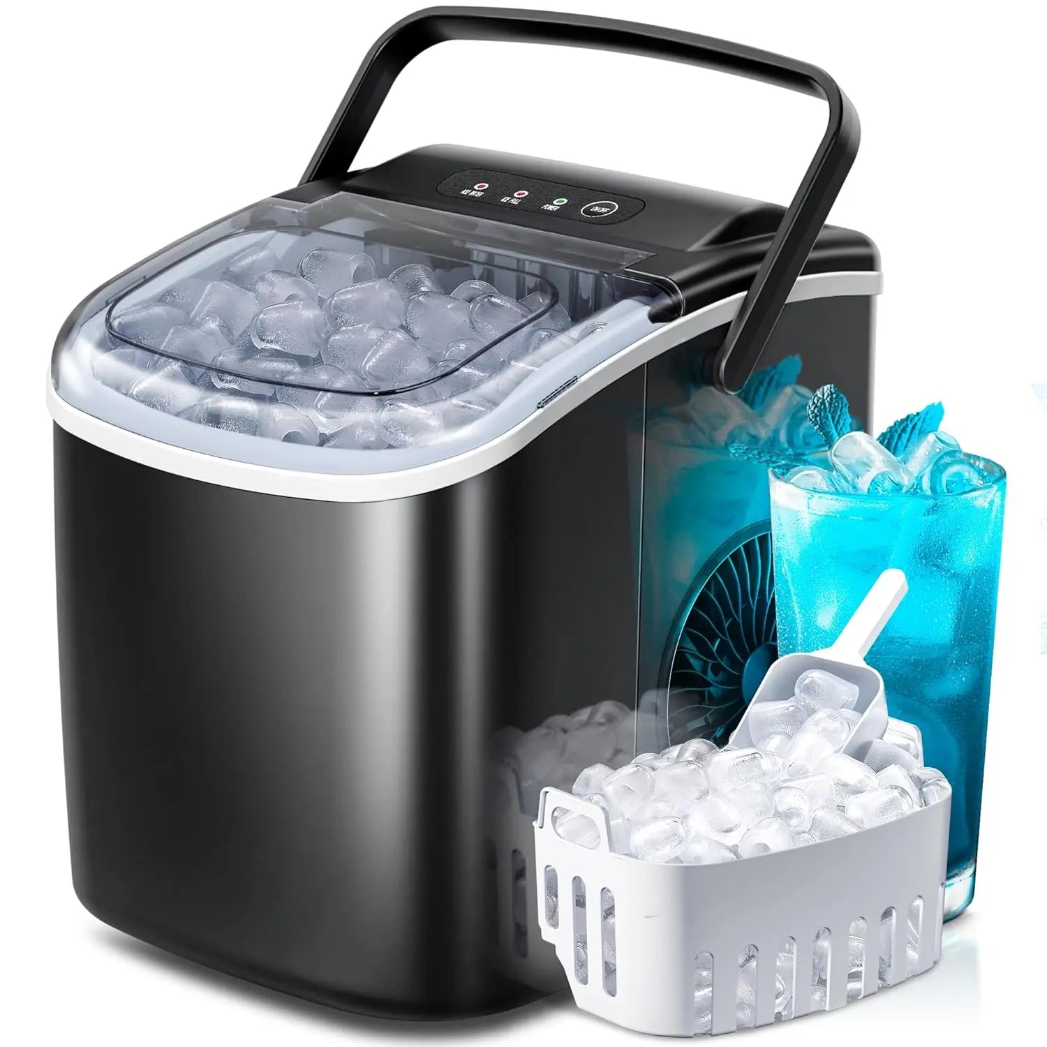 Portable Countertop Ice Maker Machine with Handle, 9 Bullet-Shaped Ice Cubes Ready in 6 Mins, 26Lbs/24H,Customized