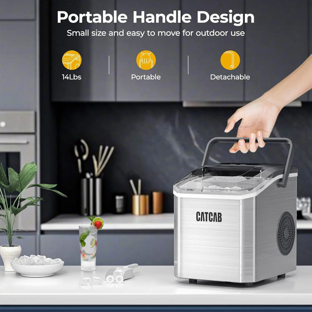 Portable Ice Maker for Home Kitchen, Party, RV Camping - Stainless Steel, Silver, 9 Cubes in 6 Mins, 26.5Lbs/24H