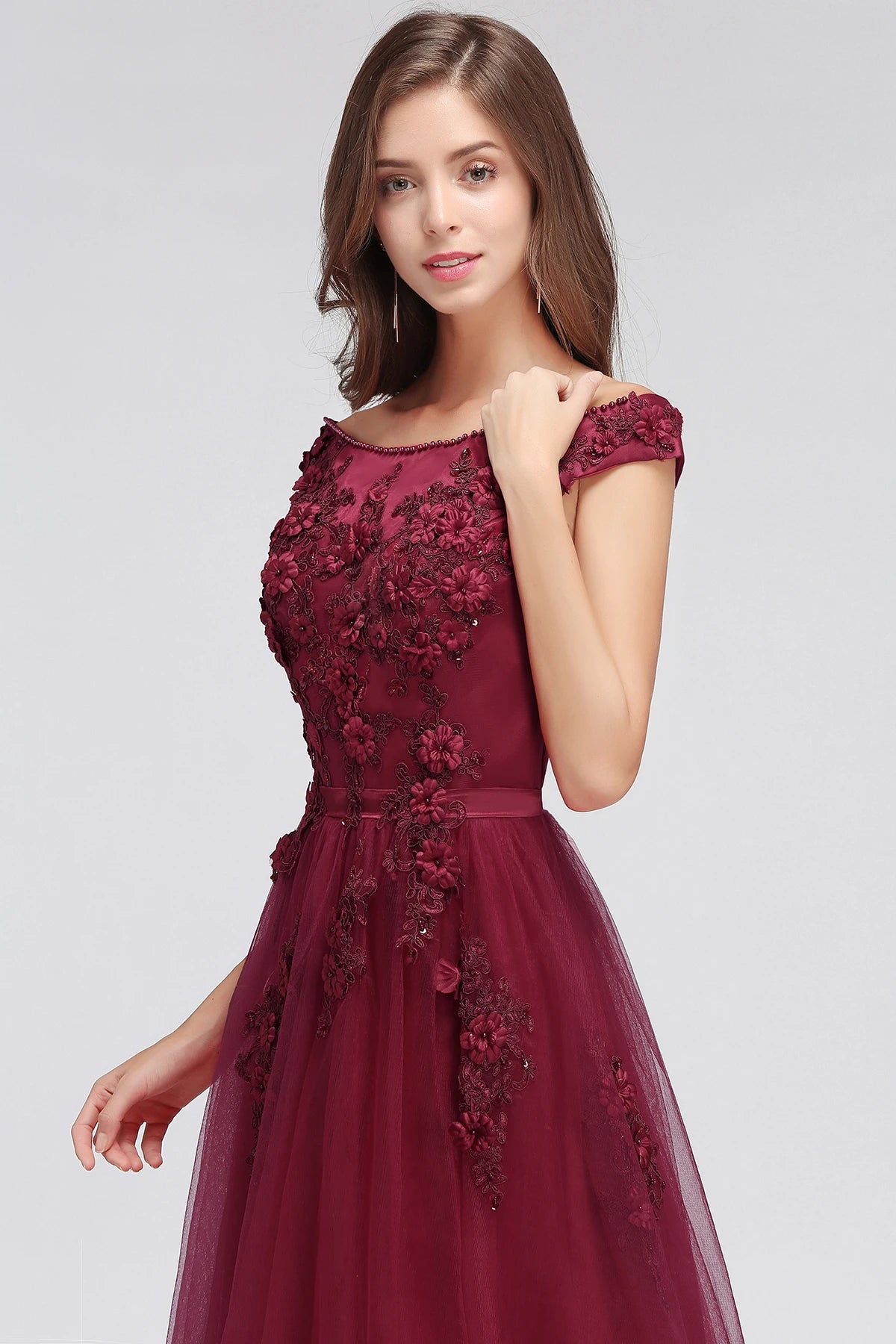 BABYONLINE  Burgundy Evening Dress Off-shoulder Bodice Paddigns 3D Flowers Beading Top  Long Skirt Tulle Formal Party Ball