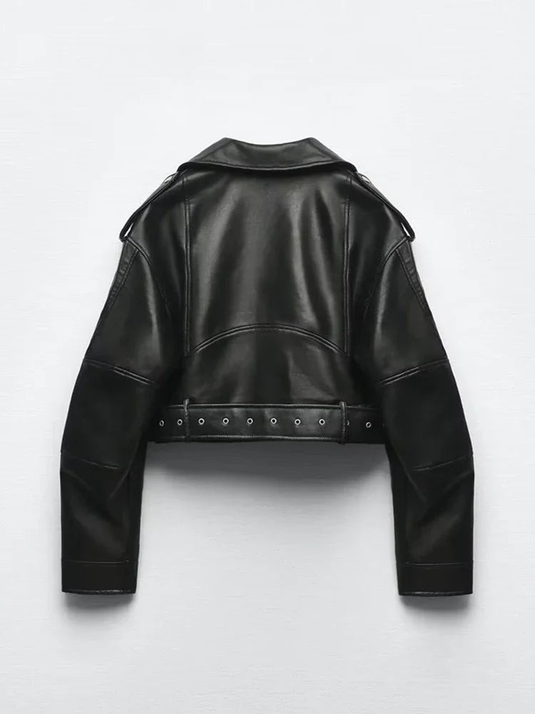 BBWM Women Oversized Vintage Loose Pu Faux Leather Short Jacket with Belt Streetwear Female Zipper Retro Moto Biker Coat Outwear