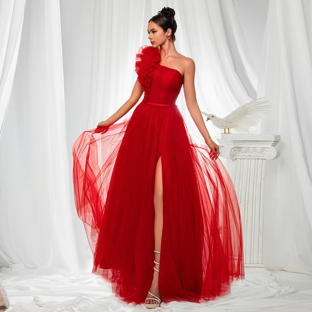 VIPGIRL Red One Shoulder Prom Dress Tulle Ruffle High Slit Lace Up A-line Evening Gown