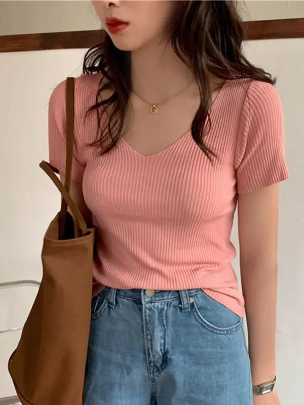 2026 Summer Slim Short Sleeve Bodycon Sweater Basic V-neck Solid Thin Pullover Women Female Knitted Ribbed Sweater