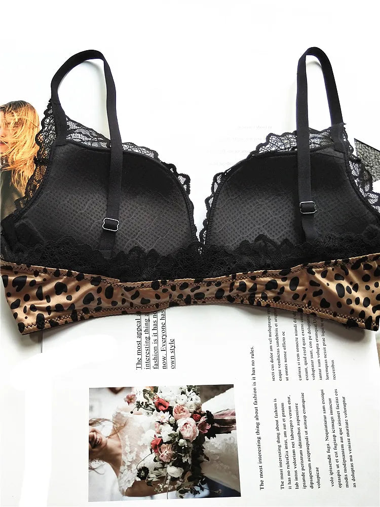 MOYISU Front Closure Bralette Panty Set Women Push-Up Enhancer Small Chest Wireless Leopard Trim Adjustable Straps Girly Allure
