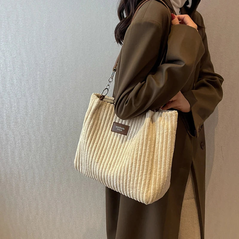 Women Corduroy Shoulder Bag, Solid Color Handbag, Fixed Shoulder Strap, Large Capacity Simple Multifunctional Design Casual