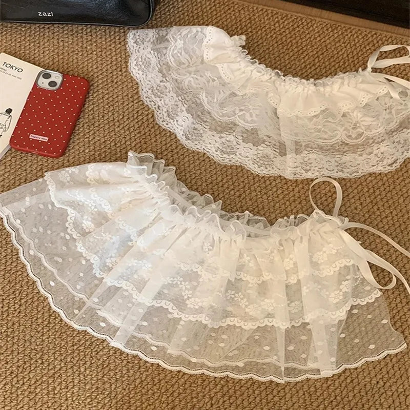 2026 Korean Ins Unique Lace Layered Gauze Skirts Lace Trim A-Line Short Cloth Mini Waist Skirts Harajuku Girl's White Skirts Y2K