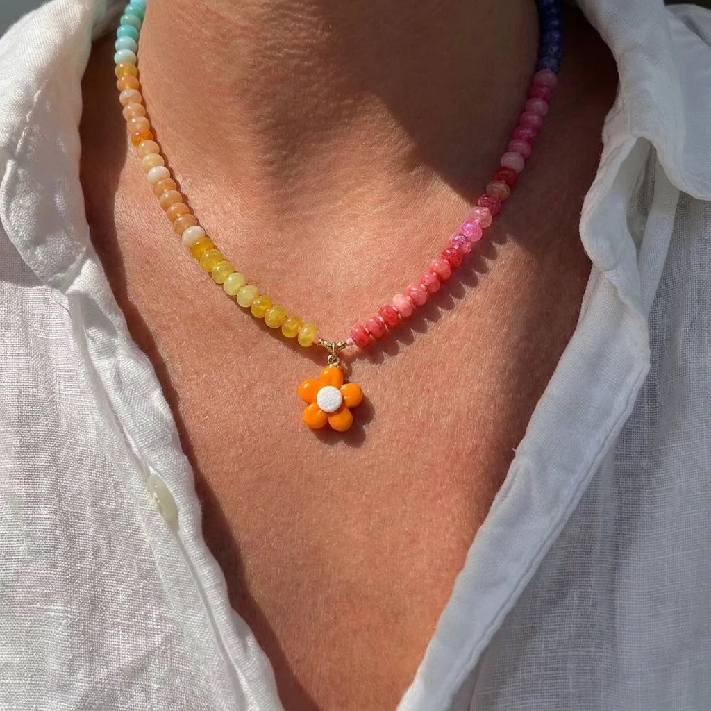 Dopamine Flower Rainbow Beads Pendant Necklace for Women Boho Gradient Glass Brass Adjustable Chain Summer Beach Jewelry Gift