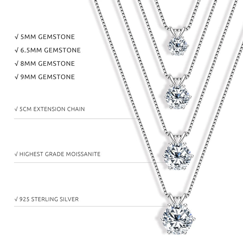 Classic 0.5CT-5CT D Moissanite Pendant Necklace Adjustable Chain 925 Silver for Women with Certificate 2CT 3CT 4CT Lab Diamond