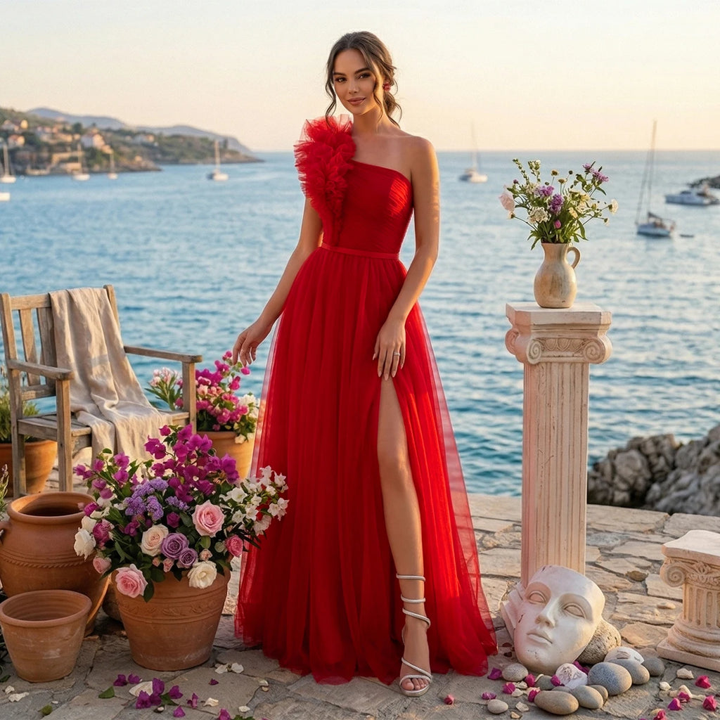 VIPGIRL Red One Shoulder Prom Dress Tulle Ruffle High Slit Lace Up A-line Evening Gown