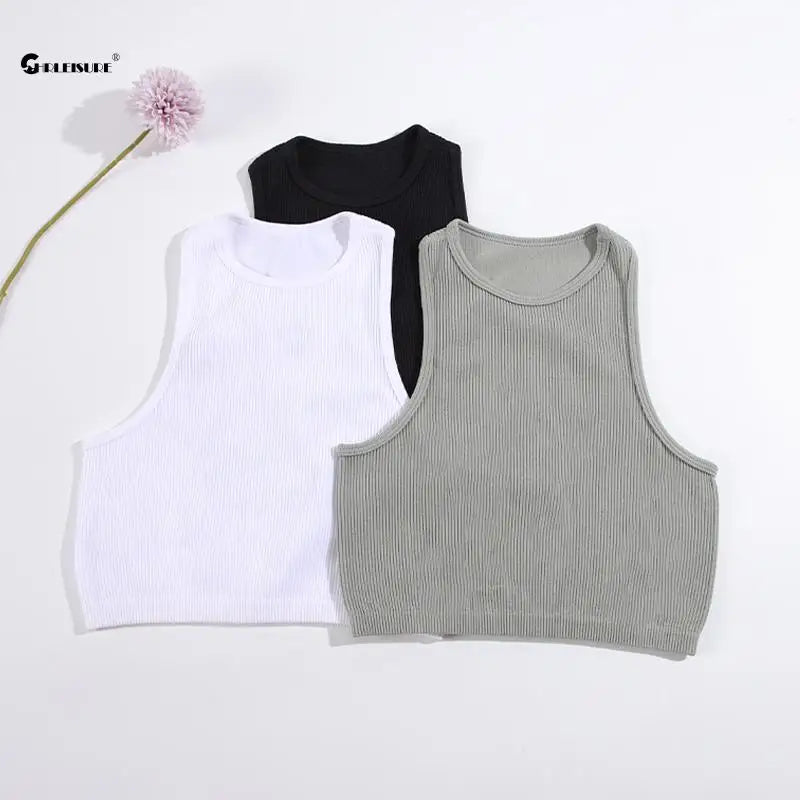 CHRLEISURE Sport Bra Women Rib-Knit Yoga Vest Round Neck Athletic Crop Top Seamless Elastic  Push Up Underwear without Pad