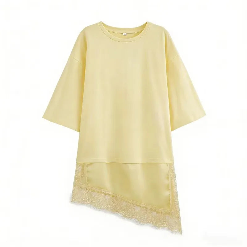 HH Women Vintage Solid Lace Patchwork T-Shirts Asymmetrical Hem O Neck Short Sleeve Shirt 2026 Trend High Street Lady Chic TEES