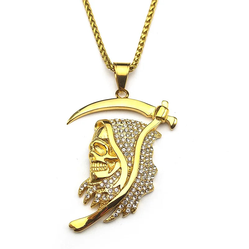 Stainless Steel Rhinestones Saint Death Santa Muerte Grim Reaper Pendant Necklace for Women Men Gold Plated Sickle Skull Jewelry