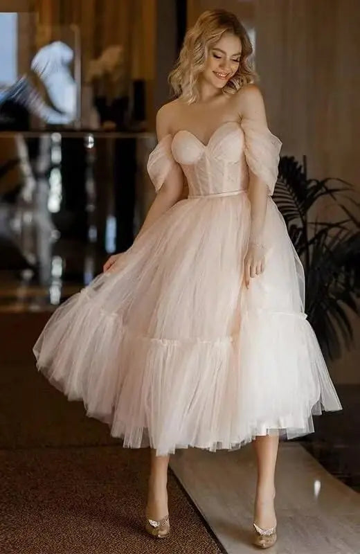 A Line Tulle Cocktail Party Prom Dresses for Women Off The Shoulder Tea Length Puffy Formal Evening Gowns Wedding Ball Gowns