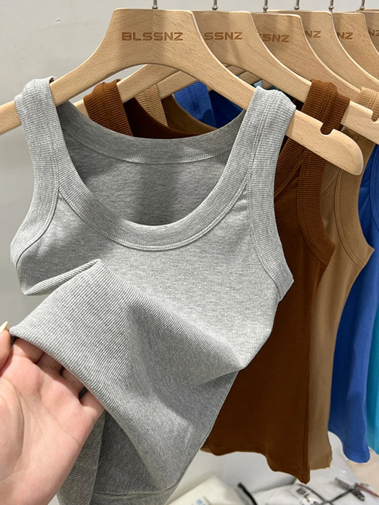 AOSSVIAO Women Solid Round Neck Ribbed Tank Top Camisole Women 2026 Summer Basic Elastic Tank Top O Neck Solid Tank Top