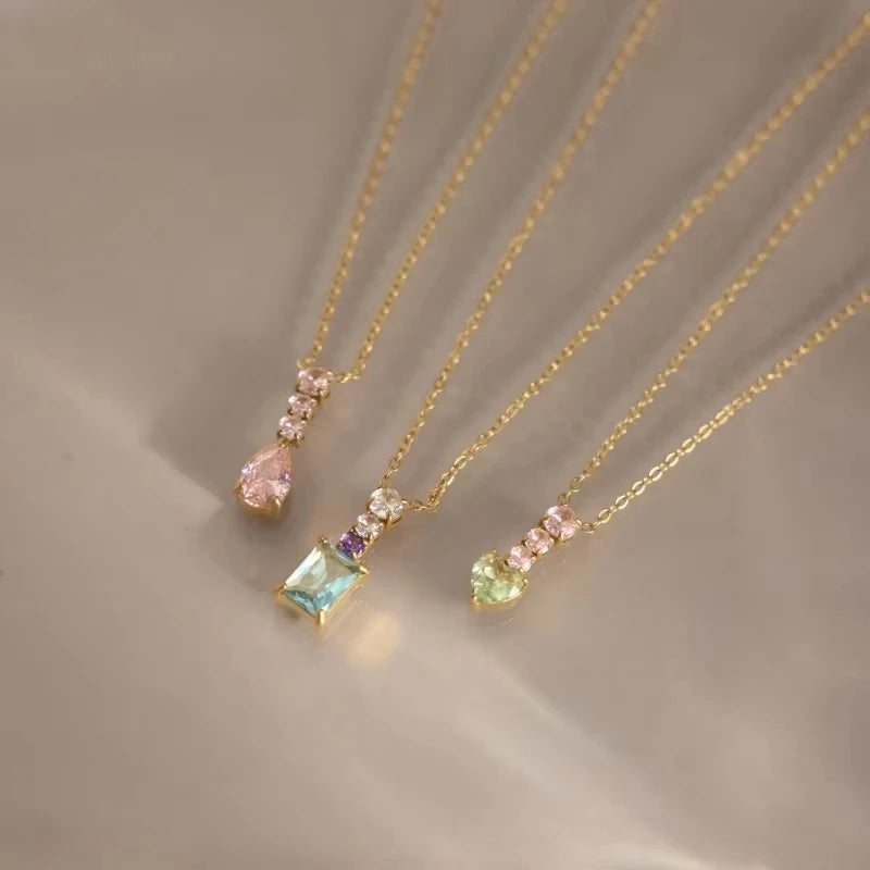 Fashion Exquisite Colorful Heart Zircon Geometric Pendant Necklace For Women 18K Gold Plated Stainless Steel Necklace Jewelry