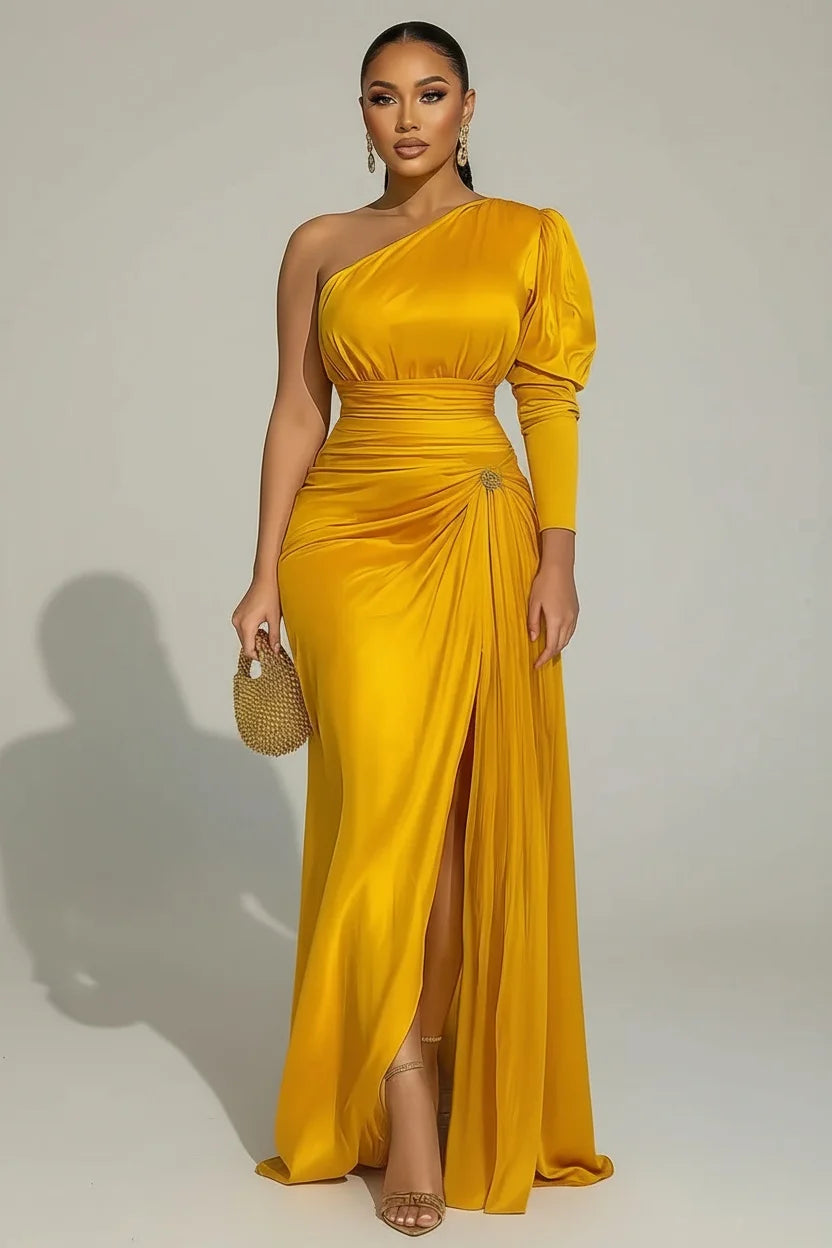 Sexy Formal One Shoulder Evening Dress for Women's Plus Size Split Hem Solid Satin Cocktail Wedding Guest Party Maxi Dress 5