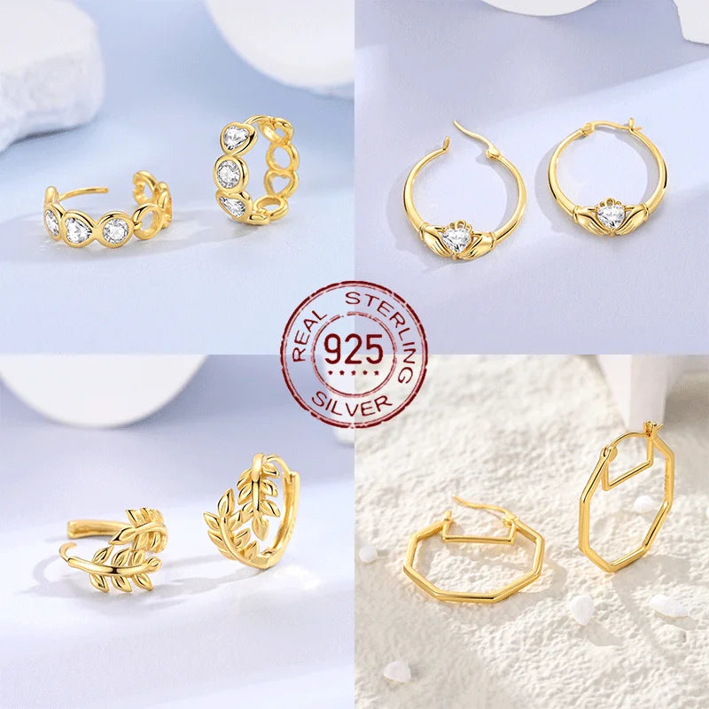 Gold Serie Hoop Earrings 925 Sterling Silver Sparkling Irregular Shape Feather Star Earrings Stud for Woman Girl Jewelry Gift
