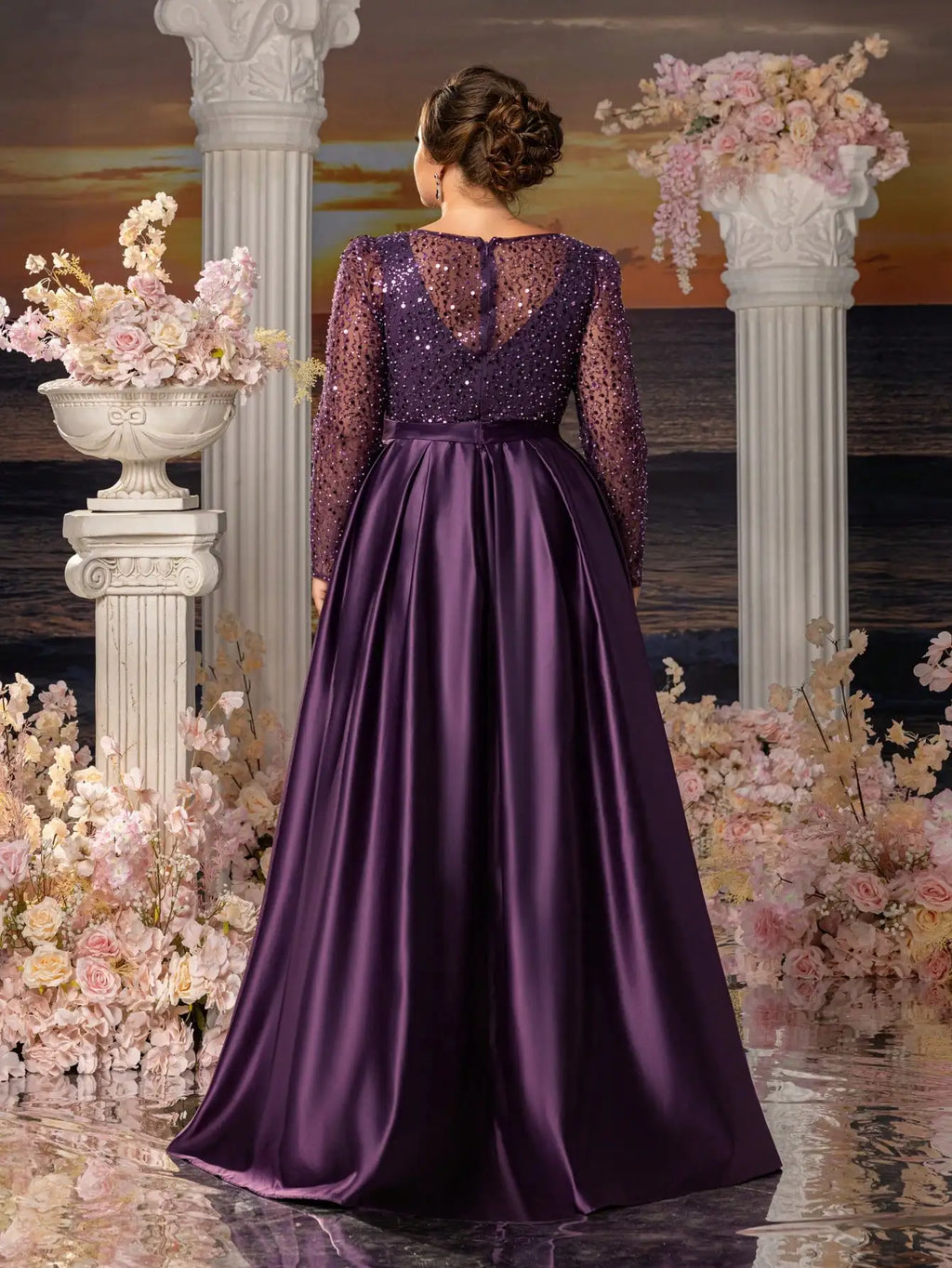 Plus-size sequined satin mother's evening dresses with overlapping neckline, elegant and formal long dress, 2026.