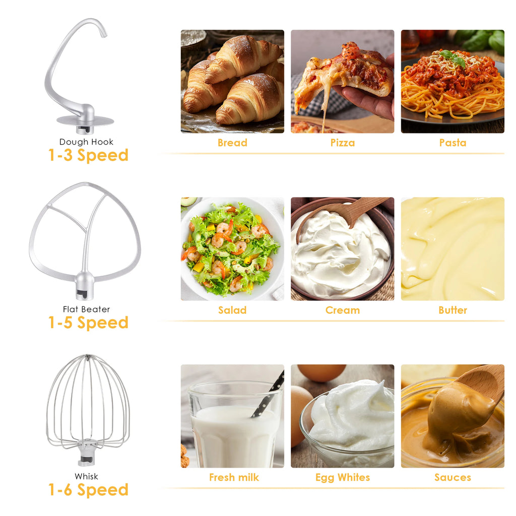 BioloMix 6-speed Kitchen Food Stand Mixer 1200W DC Quiet Motor  6L Stainless Steel Bowl with Cream Egg Whisk Whip Dough Kneader
