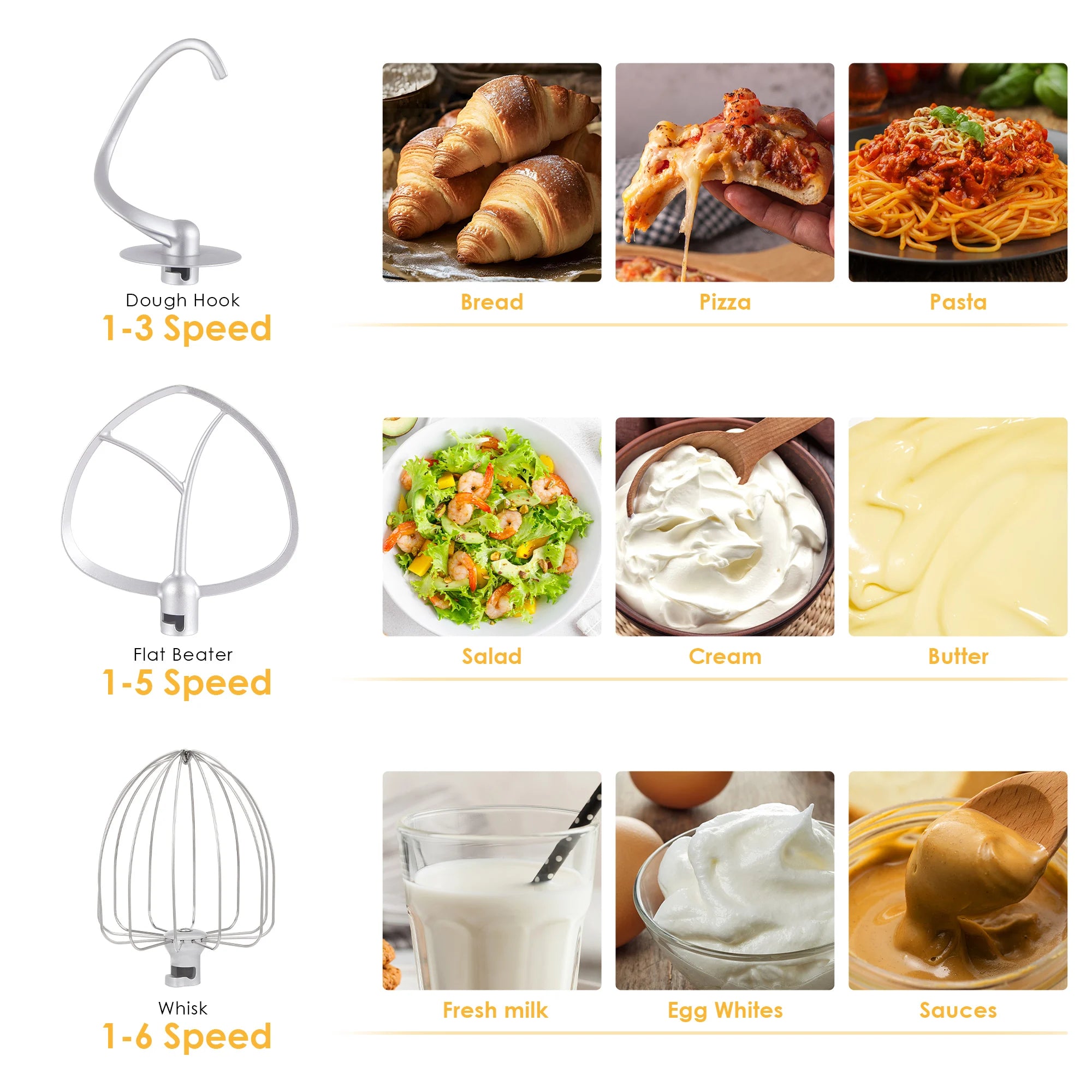 BioloMix 6-speed Kitchen Food Stand Mixer 1200W DC Quiet Motor  6L Stainless Steel Bowl with Cream Egg Whisk Whip Dough Kneader