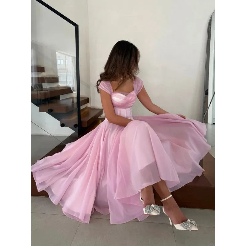 Women's Elegant Tulle Formal Dress Summer Sexy Square Neck Corset Waist A-Line Tea-Length Gown for Wedding Cocktail Party 5