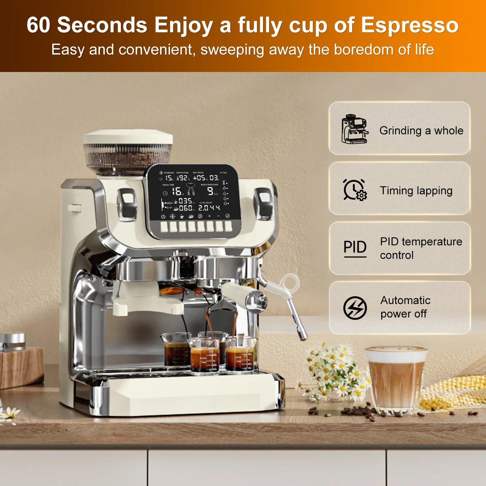 Mcilpoog TC520 Semi Automatic Coffee Machine with Grinder & Steamer, 6-Inch Large Display, Coffee Maker for  Home and Office.