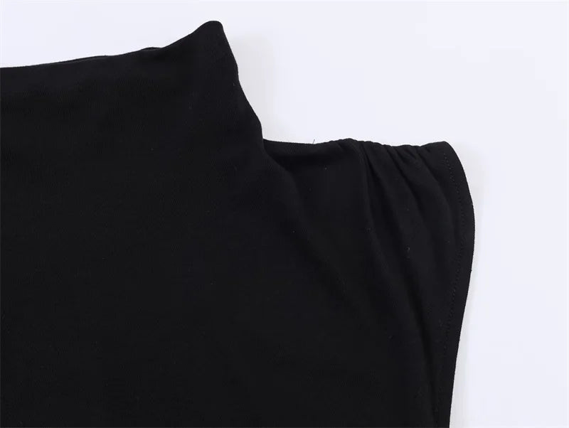 Women's Top 2026 Spring New Style Black Short-Sleeve High-Neck Asymmetrical Pleated Decorative Top Elegant and Stylish Personal