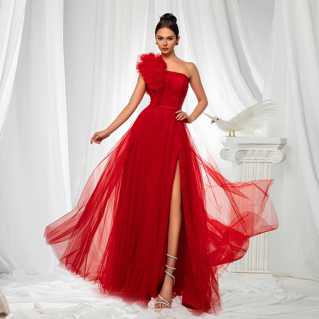 VIPGIRL Red One Shoulder Prom Dress Tulle Ruffle High Slit Lace Up A-line Evening Gown