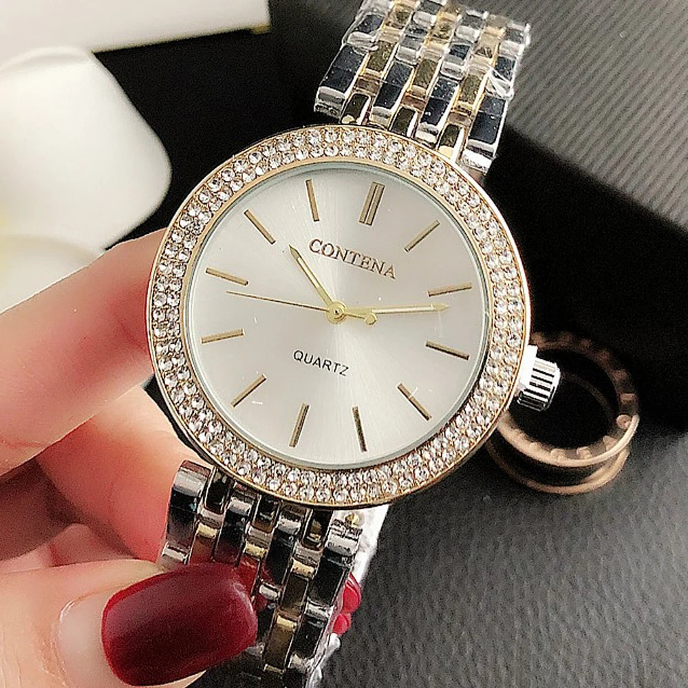 Contena Brand Luxury Women's Watch Fashion Rhinestones Stainless Steel Quartz Watch Simple Elegant Ladies Watch Reloj Mujer