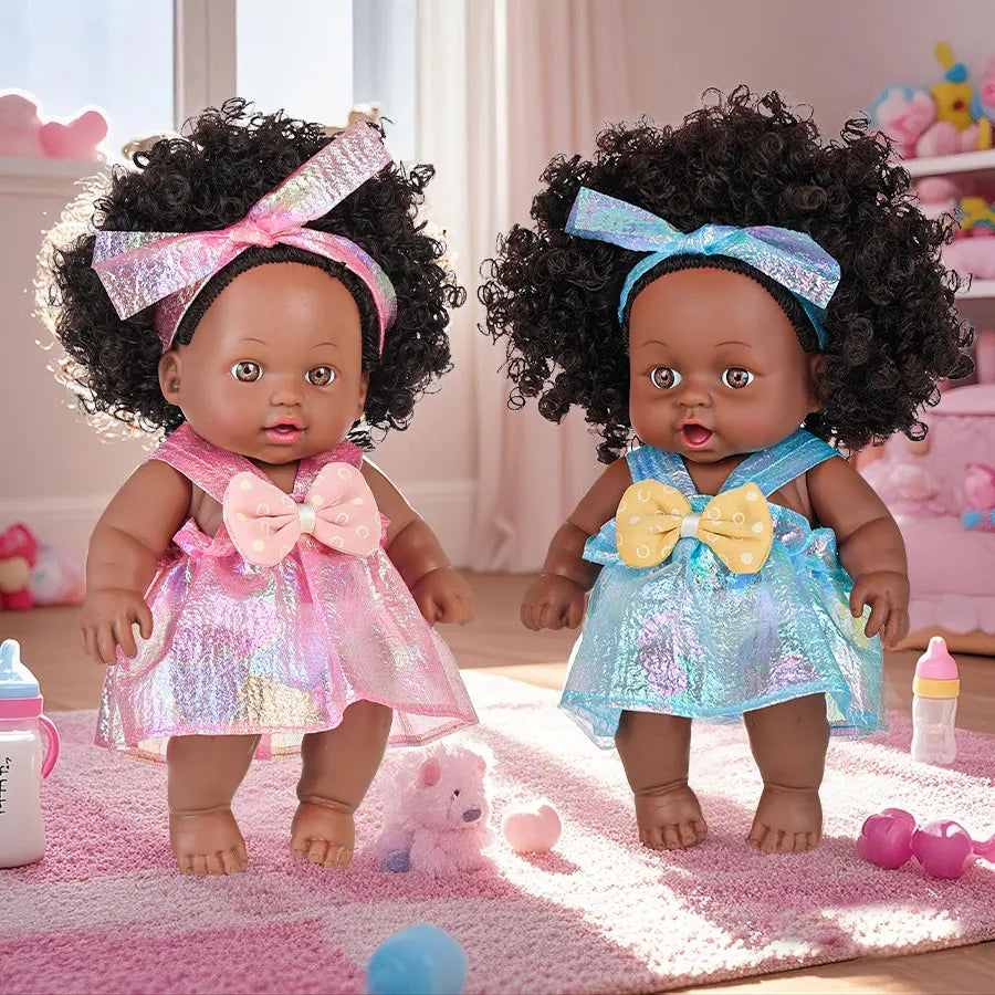 8inch 20cm American African Black Doll with Clothes Full Vinyl Body Curly Hair Doll Realistic Black Baby Doll Girl Birthday Gift