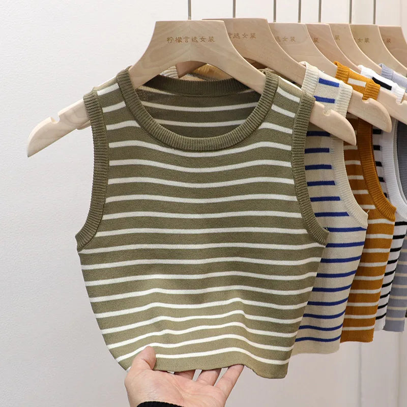 2026 Spring Summer New Sleeveless Ice Silk Knit Tank Top Striped O-Neck Women's Camisole Slim Fit Versatile Sexy Crop Tops