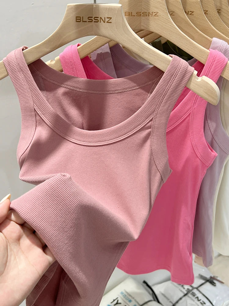 AOSSVIAO Women Solid Round Neck Ribbed Tank Top Camisole Women 2026 Summer Basic Elastic Tank Top O Neck Solid Tank Top
