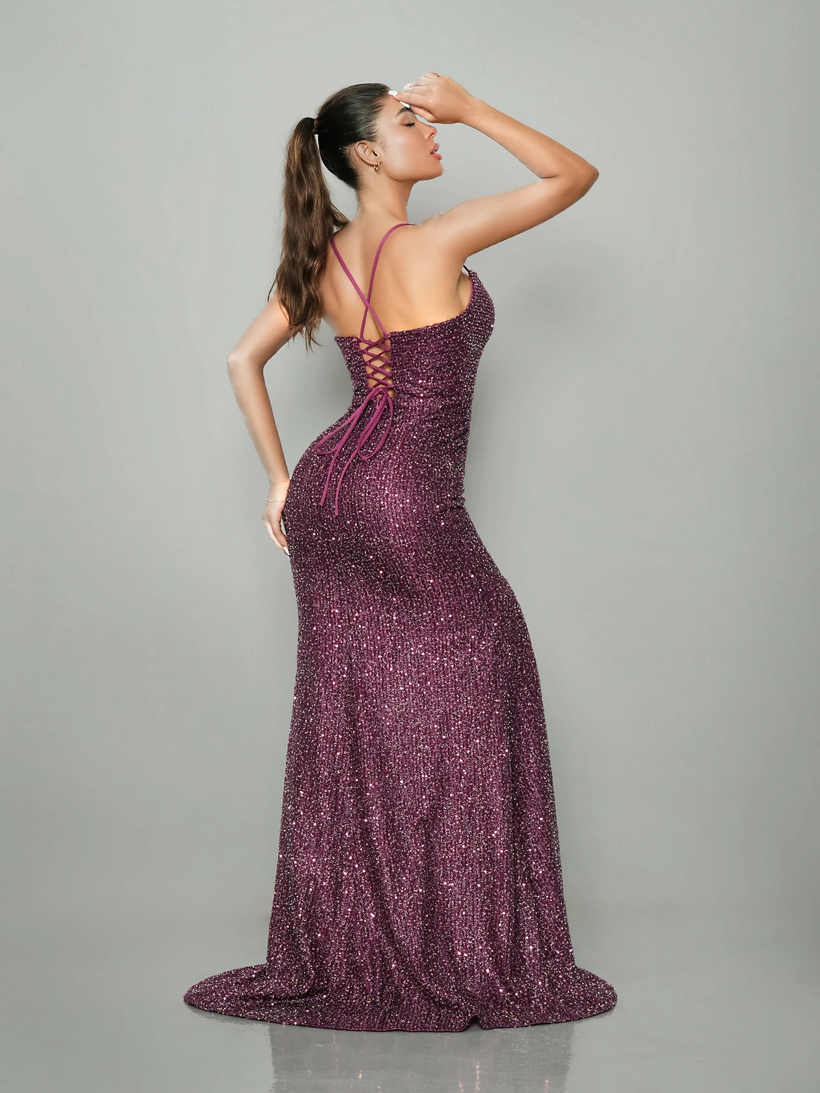 BABYONLINE Purple Sequined Mermaid Evening Dresses | Deep V-Neck & High Slit for Galas,Weddings & Red Carpet