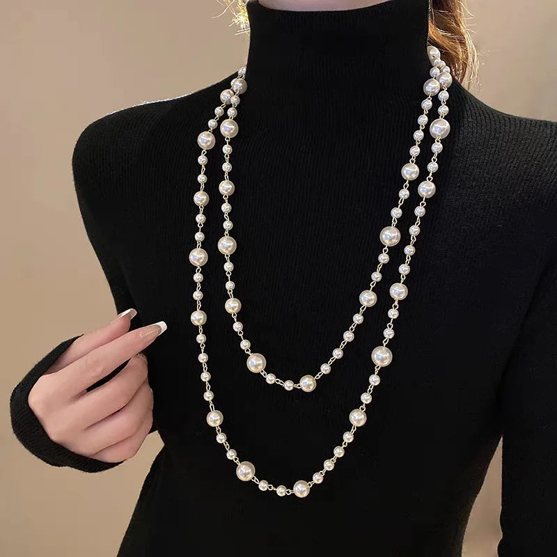 SKEDS Women  Elegant Classic Long Pearl Necklace Chains Vintage Lady Wedding Party Exquisite Multi-Layers Necklaces Jewelry