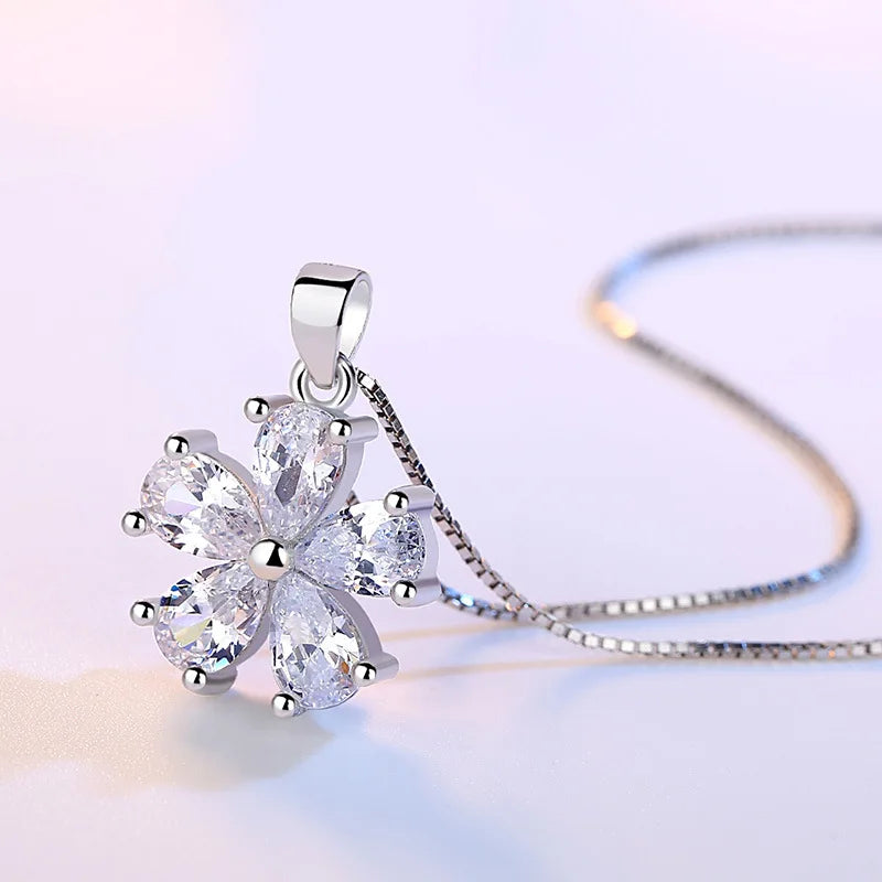 925 Sterling Silver Flower Pendant Necklace for Women Sparkling Clear Cubic Zirconia Cherry Blossom Necklace Jewelry Gift