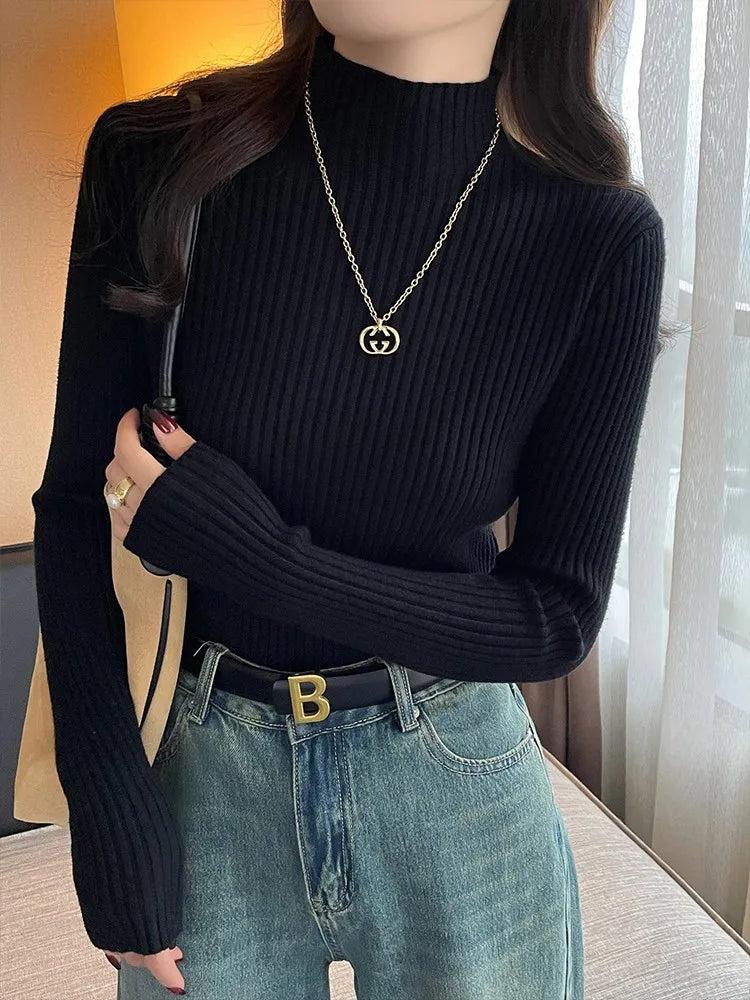 Solid Color Slim Tops Chic Autumn Winter 2026 Pullovers Women Long Sleeve Casual Turtleneck Warm Basic Sweater Knit Jumpers