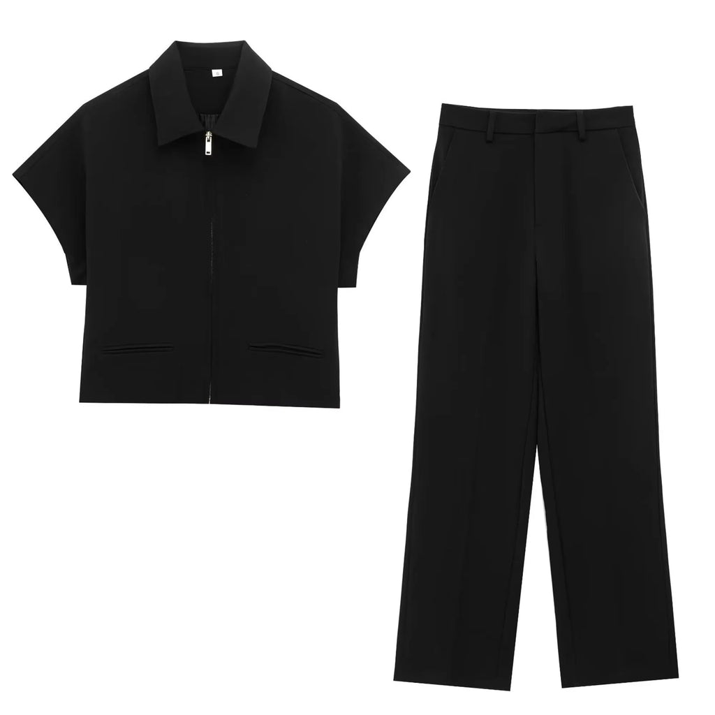 TFMLN Fashion Set For Women Summer 2025 New Slim Lapel Zipper Short Sleeve Coat Top Wide Leg Pants Two Piece Set Leisure Black