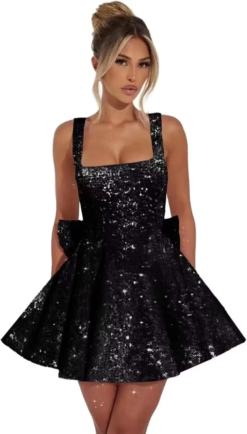 Women Elegant Square Neck Sequin Homecoming Dresses 2026 Short Spaghetti Strap Sparkly Cocktail Party Dresses with Bow Ball Gown