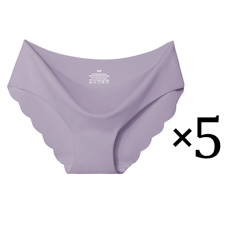 5PCS Women's Summer Ultra-Thin Ice Silk Underwear Seamless Comfort Large Size Briefs Solid Color Wave Underpants Female Lingere