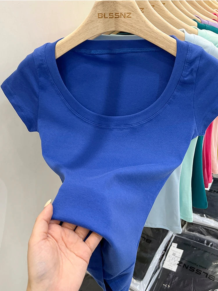 2026 Sexy Square Collar Slim T Shirt Women Cotton Elastic Basic Solid Female Casual Tops Short Sleeve Thin T-shirts See Through